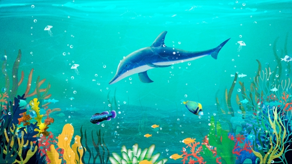蓝色卡通世界海洋日系列插画设计