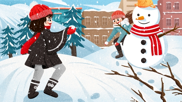 唯美雪打雪仗女孩冬季雪景肌理插画
