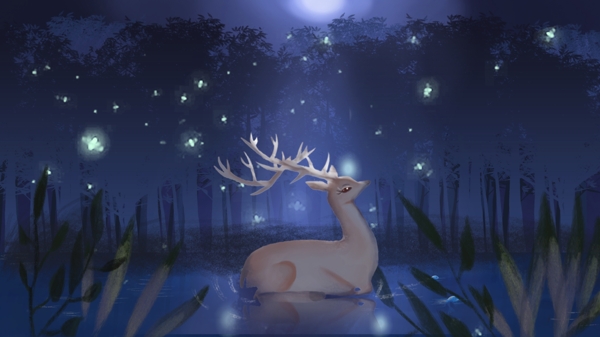 简约清新森林与鹿静谧夜空中的萤火虫插画