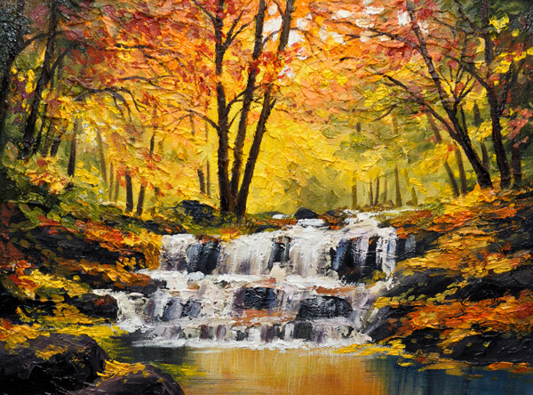 秋天树木与流水油画图片