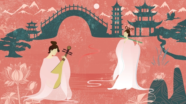 中国古风音乐节弹琵琶吹笛子的仕女矢量插画