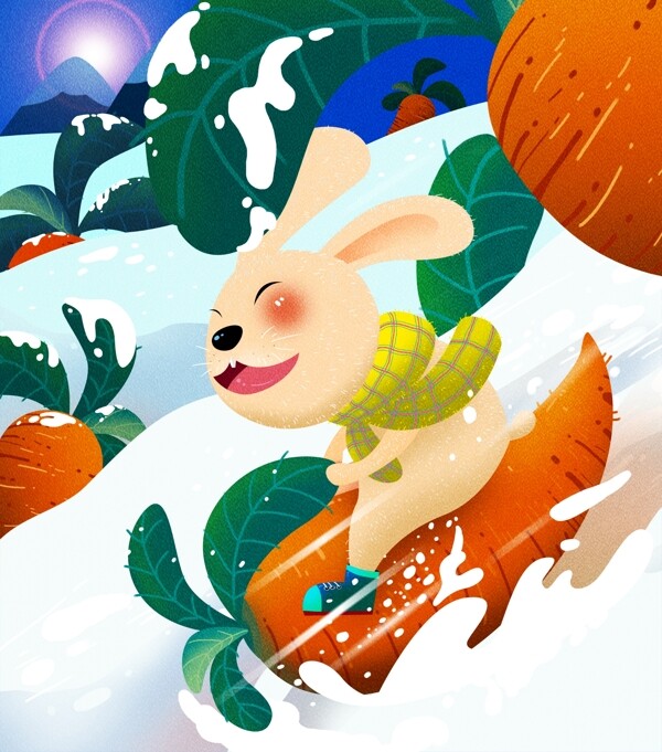 冬季滑雪场地欢乐滑行小兔子红萝卜插画