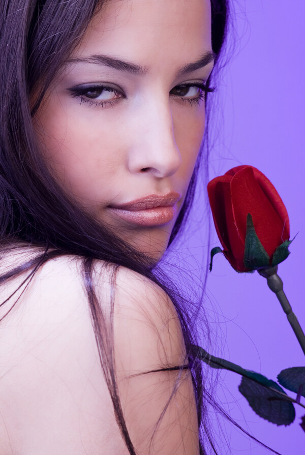 一朵玫瑰和性感美女图片