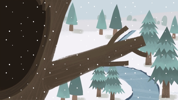 立冬清新雪山松树树洞背景设计