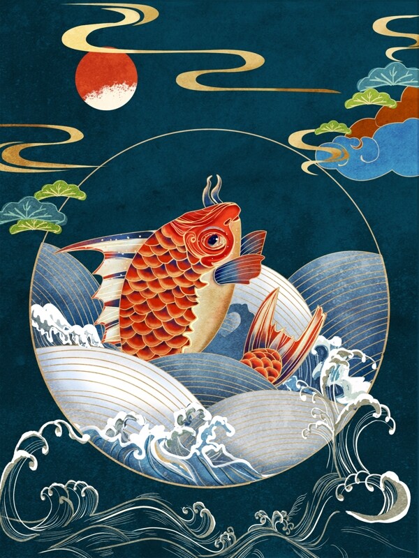 新中式国潮翻腾的鲤鱼复古传统纹样