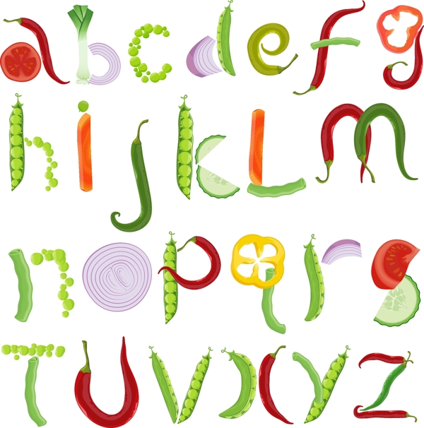 彩色蔬菜26个英文字母矢量图