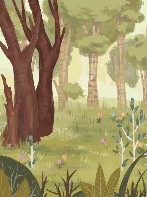 卡通手绘绿色树林插画背景