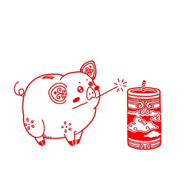 红色剪纸可爱的猪