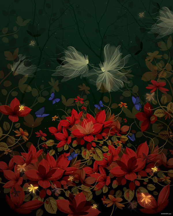 唯美花叢插畫