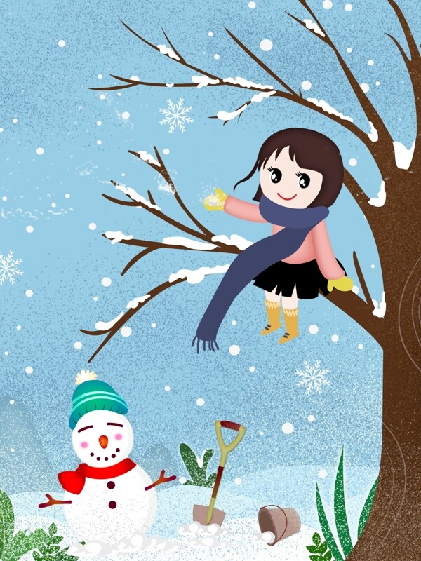手绘卡通冬日雪景背景素材