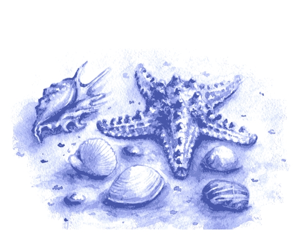 蓝色水彩绘海洋生物插画