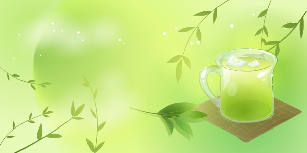 精美绿色背景叶子喝茶矢量素材
