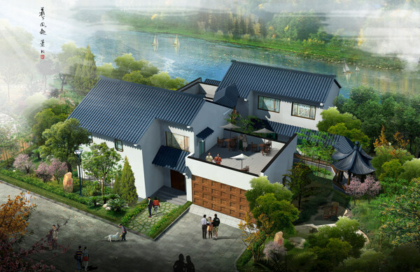 江南湖景园林独栋别墅鸟瞰图图片