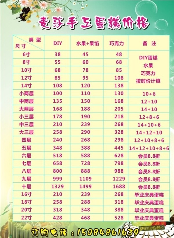 蛋糕價(jià)目表圖片