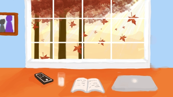 秋天你好窗外枫树落叶插画