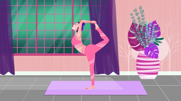 瑜伽系列6时尚清新室内瑜伽健身女孩插画
