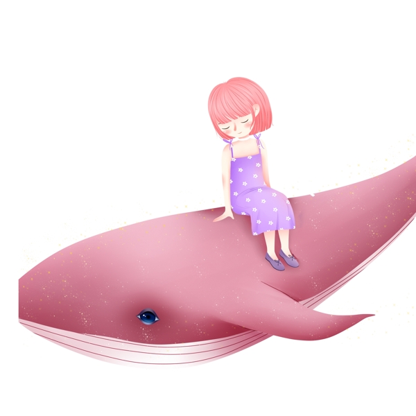 唯美手绘坐在鲸鱼上的女孩