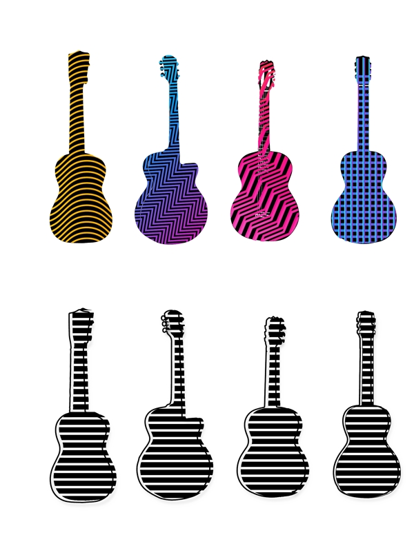 彩色amp黑色线条纹理吉他图案集合