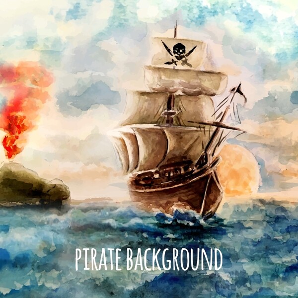手绘水彩海盗船插图