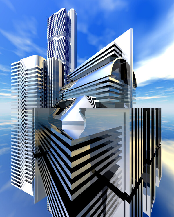 商業(yè)空間樓房建筑效果圖高樓大廈高科技區(qū)水滴科幻