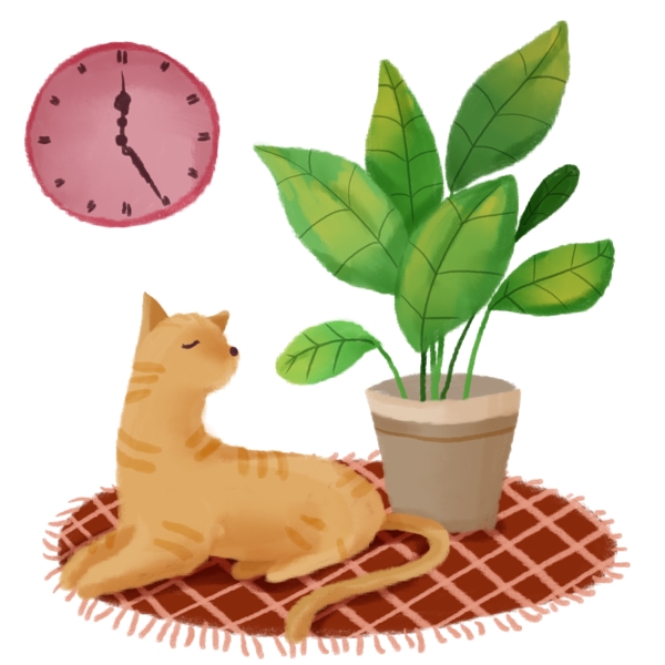 手绘家庭生活小猫地毯绿植