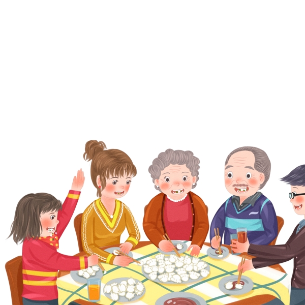 手繪溫馨冬至一家人吃餃子