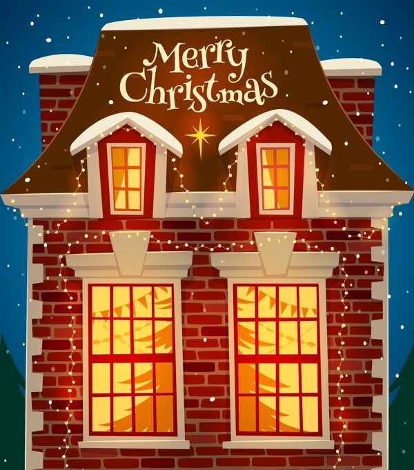 圣诞夜里温暖的房子插画