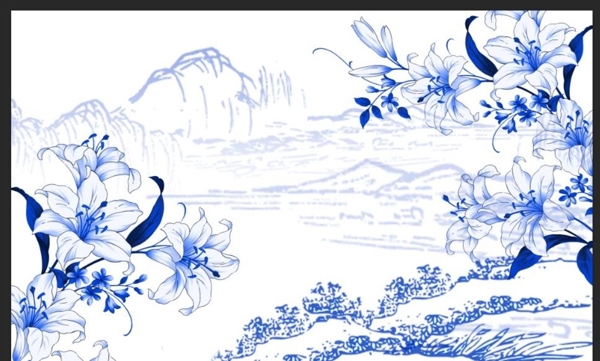 中式青花瓷山水百合背景墙