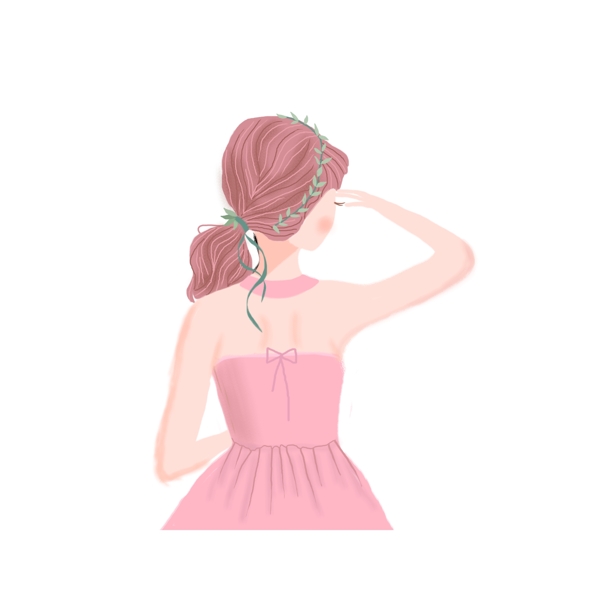 举手张望的粉色长裙女生夏季卡通元素
