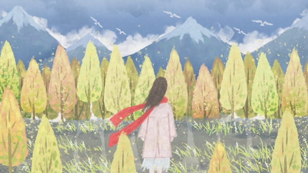 秋分水彩插画远山树林里的女孩