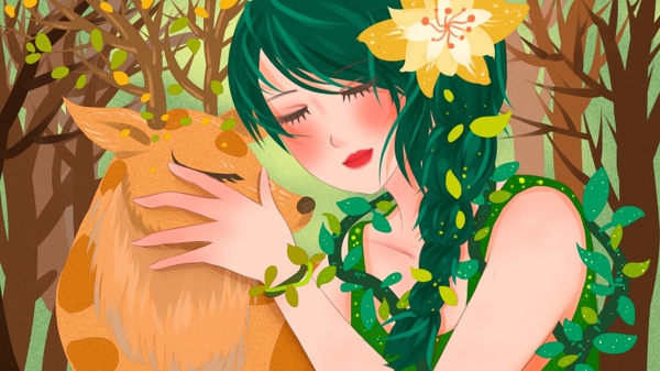森林公主抱着鹿的麻花辫少女清新插画