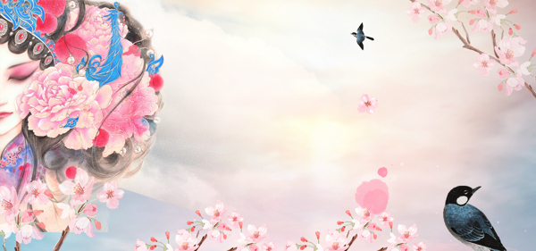 清新粉色花朵小鳥banner背景素材