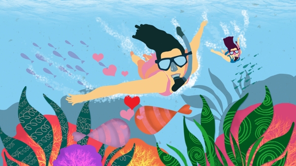 原创快乐暑假游泳潜水的人插画