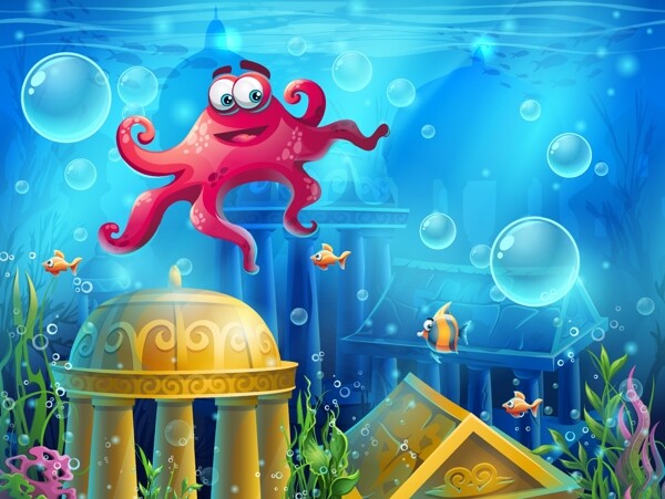 蓝色海底世界红色章鱼