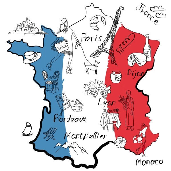 法國(guó)的東西在法國(guó)不同地區(qū)是著名的程式化的地圖