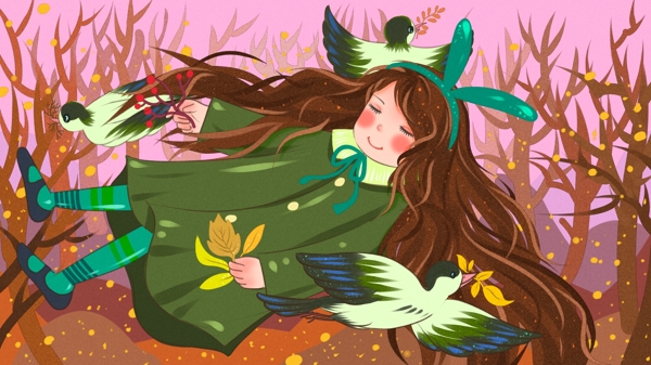 11月你好树林里的女孩与飞鸟清新唯美插画