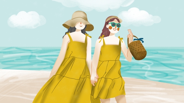 闺蜜日常之两个女孩手牵手在沙滩散步