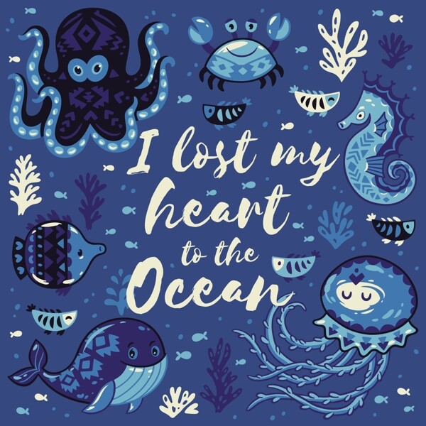 蓝色卡通海洋动物插画