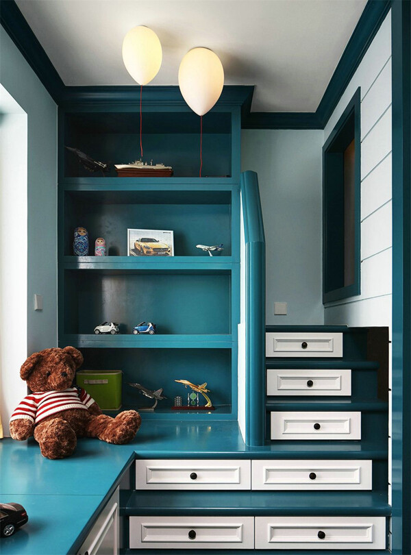 美式儿童室内蓝色柜子设计图