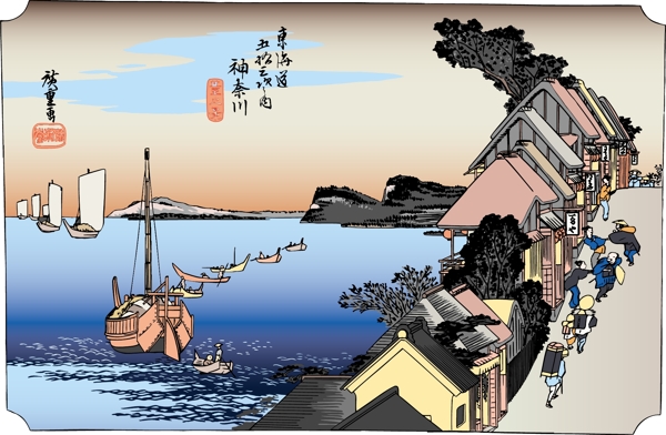 日本浮仕繪與彩繪風景和人物圖片