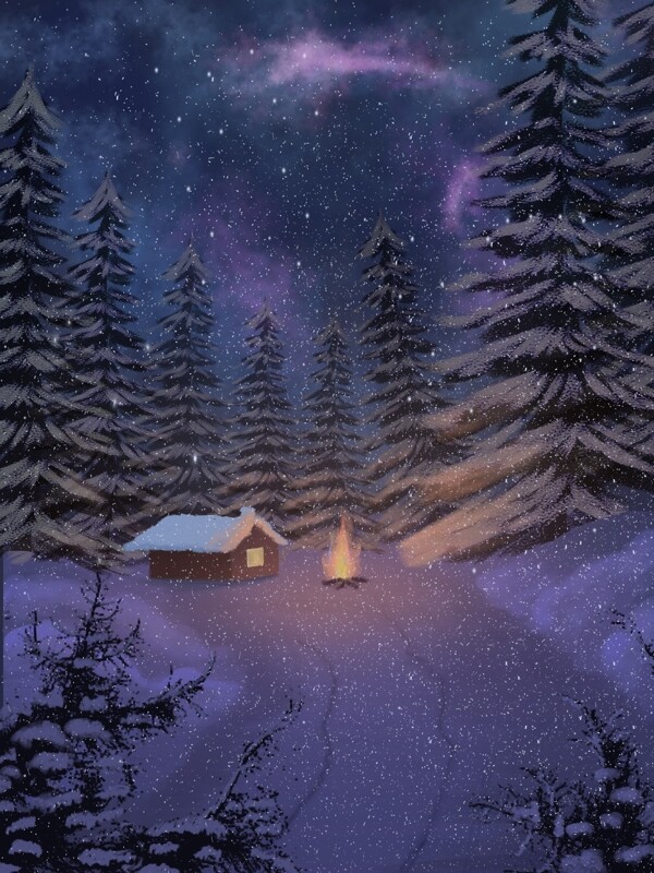 手绘唯美冬季雪景梦幻星空森林夜色晚安你好
