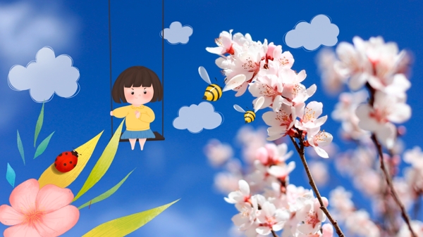 创意摄影图插画春天桃花开小女孩蜜蜂
