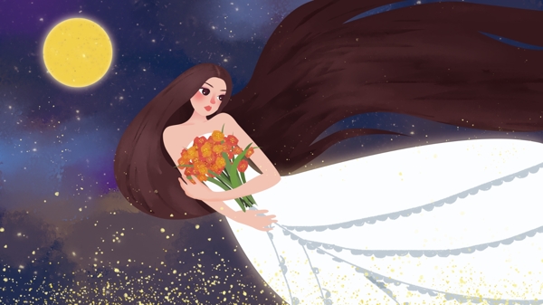 公主怀抱鲜花月夜卡通背景