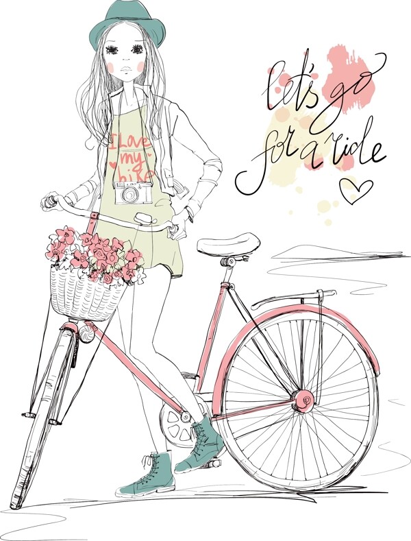 手绘卡通小女孩自行车矢量图下载