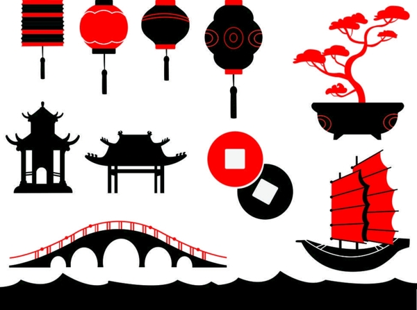 古典元素红黑色桥船