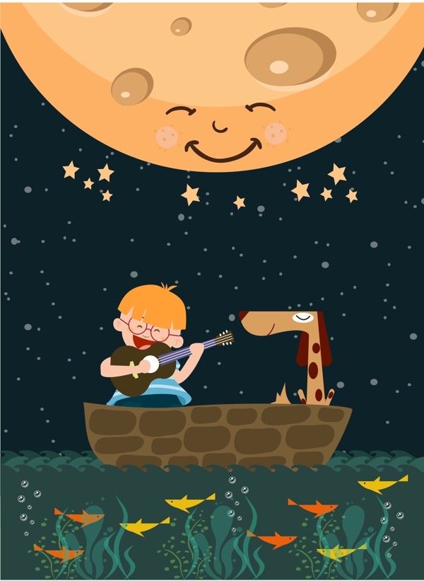 可爱小孩月亮时尚插画