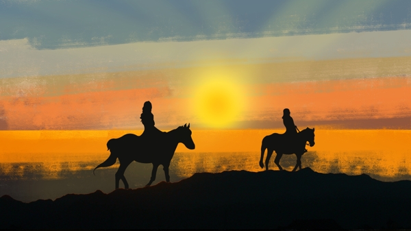 创意涂鸦风格霓虹落日阳光下的骑马女孩剪影插画