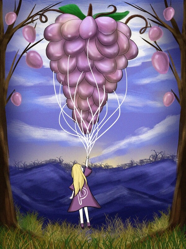 飞向天空的葡萄气球儿童治愈插画