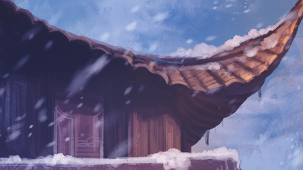 简约大气细腻写实雪中的屋檐场景插画