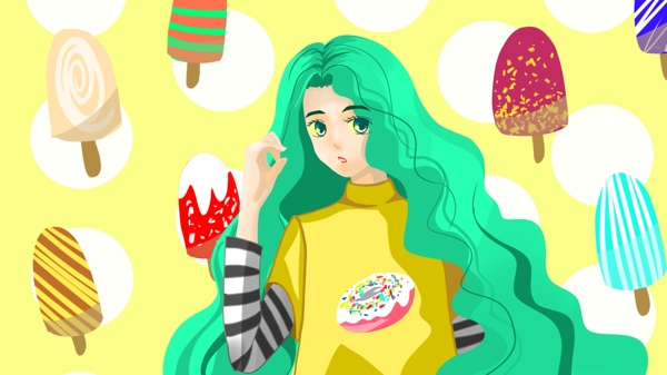 原創(chuàng)手繪插畫雪糕甜品女孩
